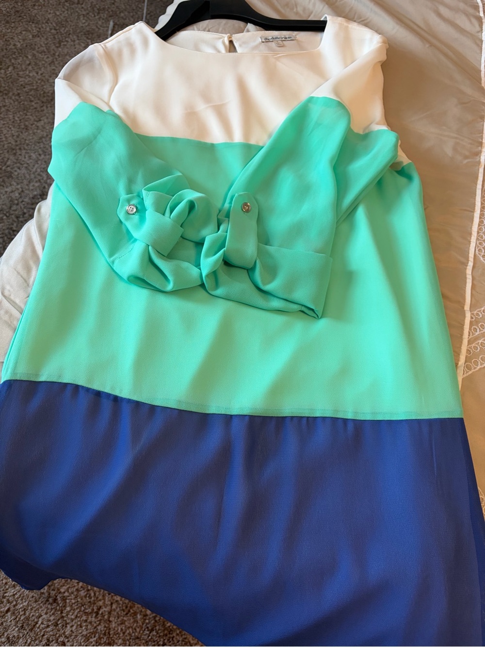 Colorblock Bow-Sleeve Casual Dress in White, Mint & Royal Blue